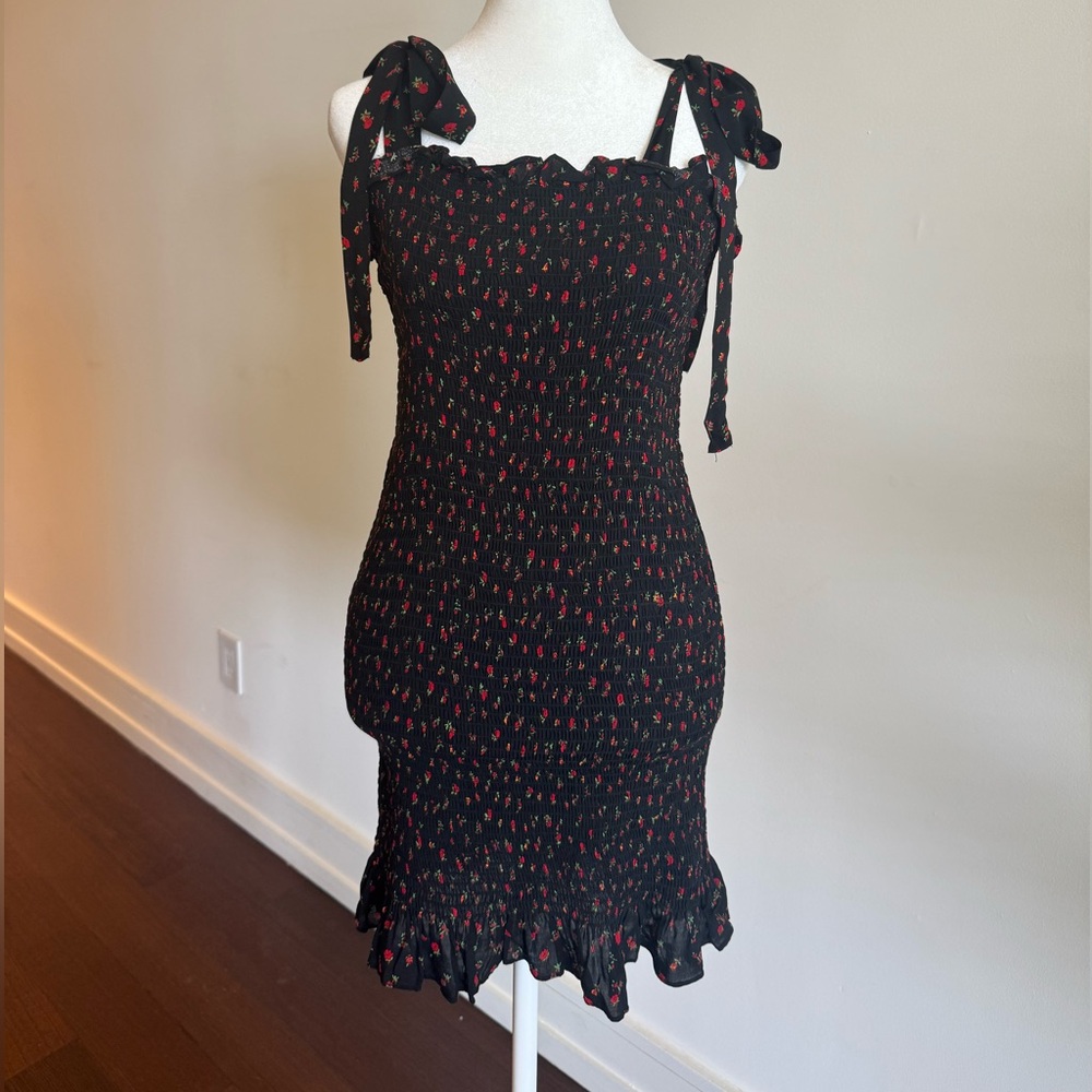Free People Black & Red Sheath Mini Dress w Bow Tie Shoulder Straps - Size Small - Picture 2 of 14